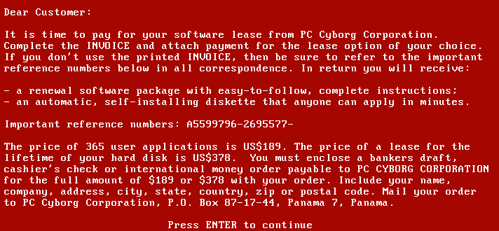 A ransomware note shown by “AIDS trojan”